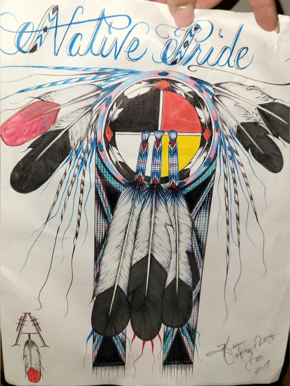 Native Pride Indigenous CUSTOM ART MEDICINE WHEEL & SACRED FEATHERS SIGNED 2017